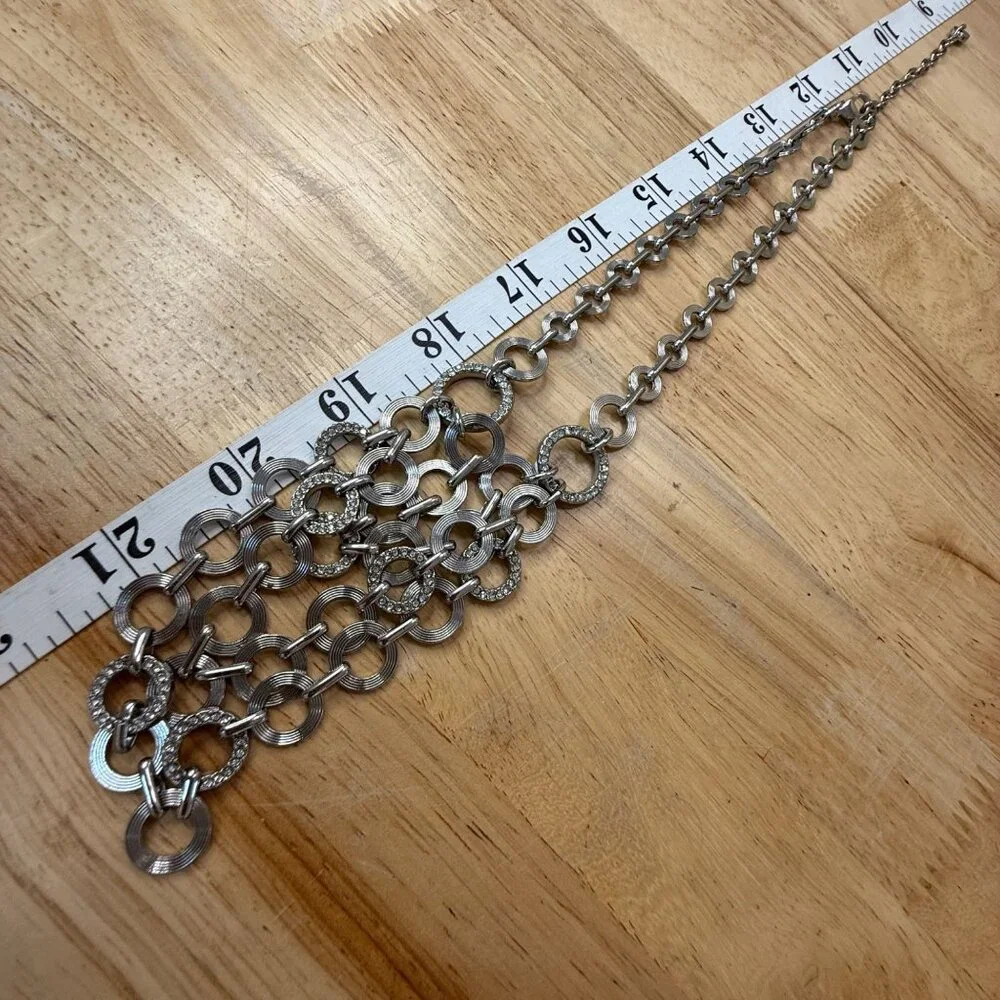 Loft Three-Layer Silver-Tone Necklace With Circular Links‎ & Rhinestone Accents